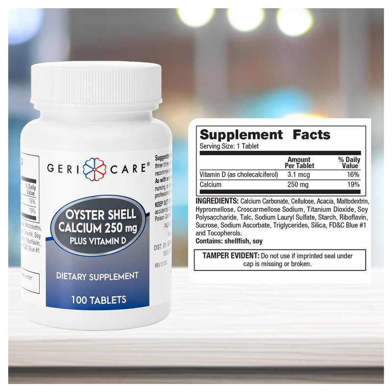 GeriCare Oyster Shell Calcium 250mg, Vitamin D 125IU Tablets, Bone Health Nutritional Supplement, 100 Count (Pack of 2) 100 Count (Pack of 2)