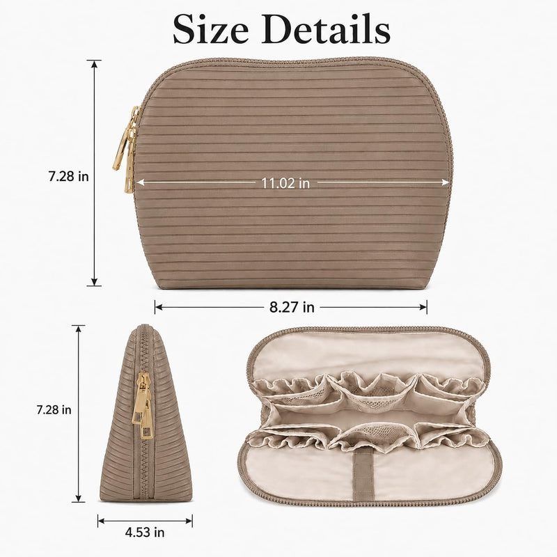 Waterproof Fold-Down Travel Makeup Bag for Women, Cosmetic Organizer with Multi-pocket, Stand Toiletry Bag (Premium Version, Taupe Brown, Medium)