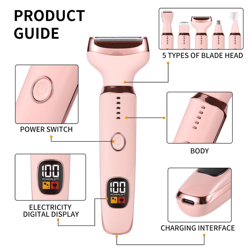 [Australia] - Electric Razors for Women, 5 in 1 Painless Ladies Wet & Dry Body Razors and Facial Hair Remover, Rechargeble Facial and Body Hair Remover for Face Nose Eyebrow Arms Armpit Legs Pubic Area (Pink) Pink 