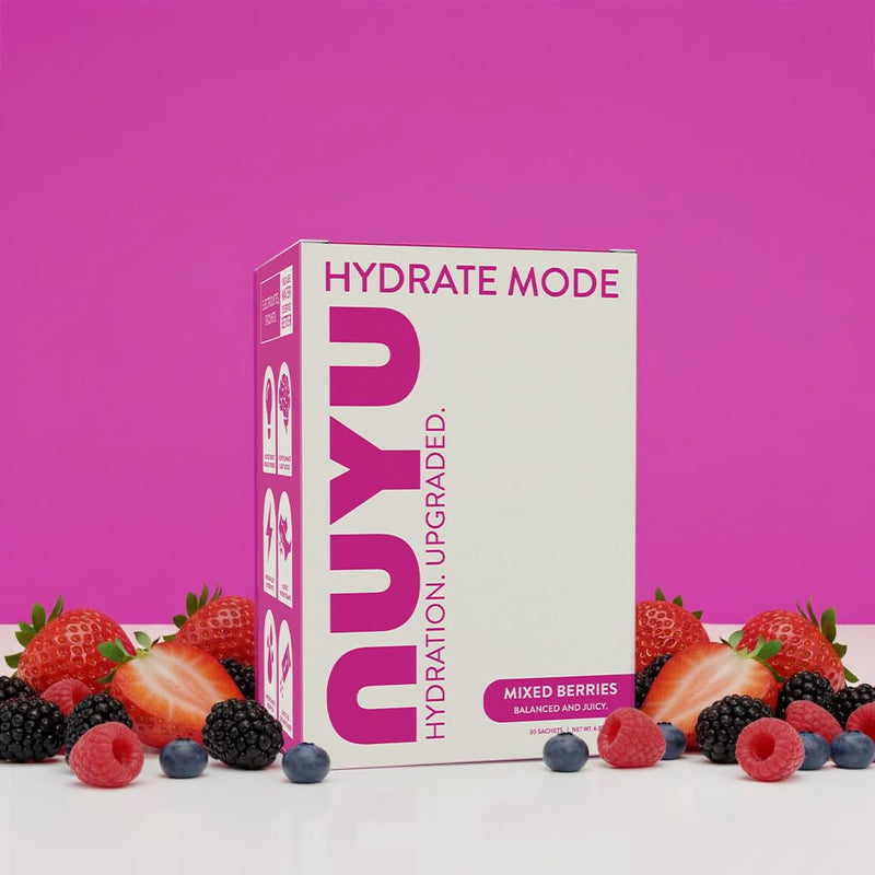 NUYU Hydrate Mode Electrolyte Powder | Mixed Berry 30 Sachets | Zero Sugar Hydration Drink with Vitamin C Magnesium Zinc | Daily Energy Hydration Vegan UK Made