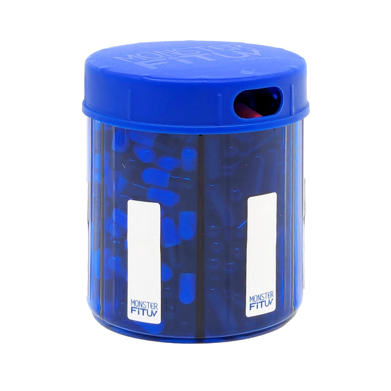 Supplement Pill Dispenser Bottle, 6 Compartment, Labels, Easy Open, Anti-Mixing, UV Protected, Monthly Vitamin, Monster Fit Jr Medication Holder (Cobalt Blue, Small) Cobalt Blue