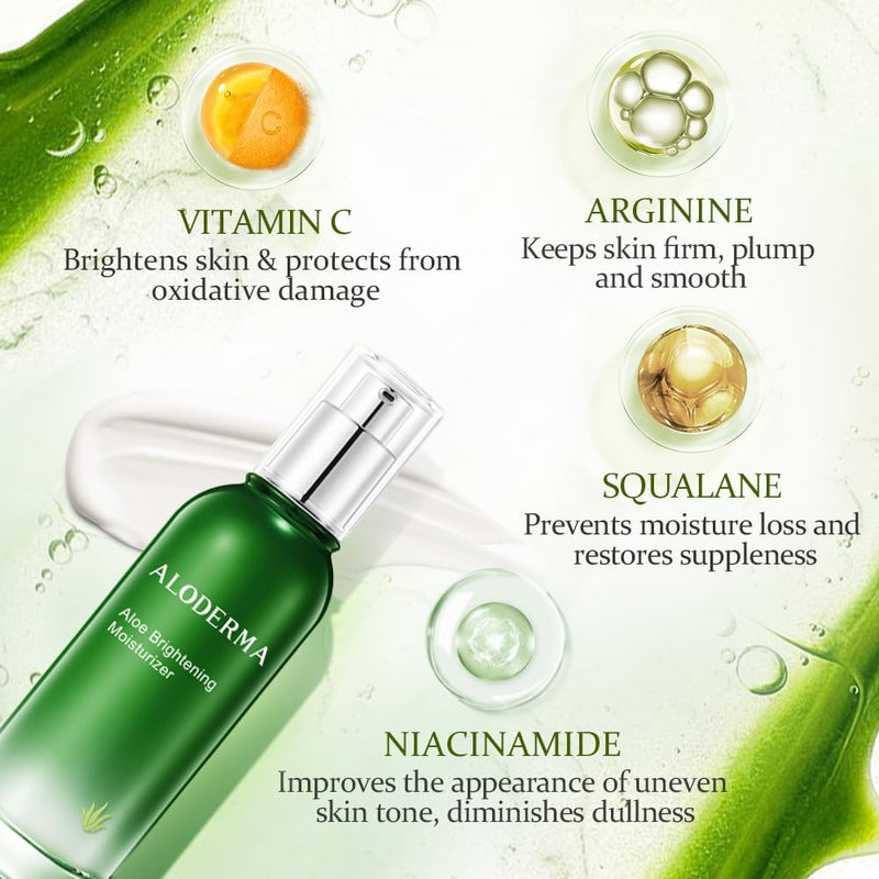 Aloderma Brightening Face Moisturizer 75% Organic Aloe, Niacinamide 3.5 oz | Lightweight daily lotion for dull and tired skin. Features squalane & vitamin C to even texture and tone safely day or night