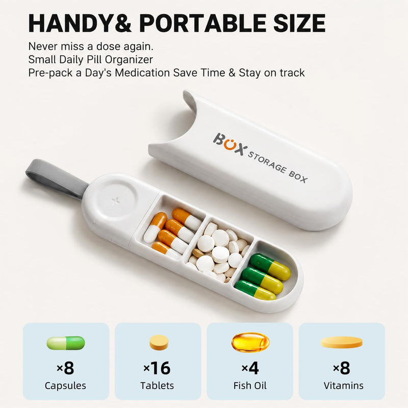 3 Compartment Small Pill Organizer for Women, Moisture Proof Case, Keychain Pill Holder for Pocket Purse, Daily Pill Organizer Medicine Vitamin Container, Fish Oil and Supplement Box(White) White