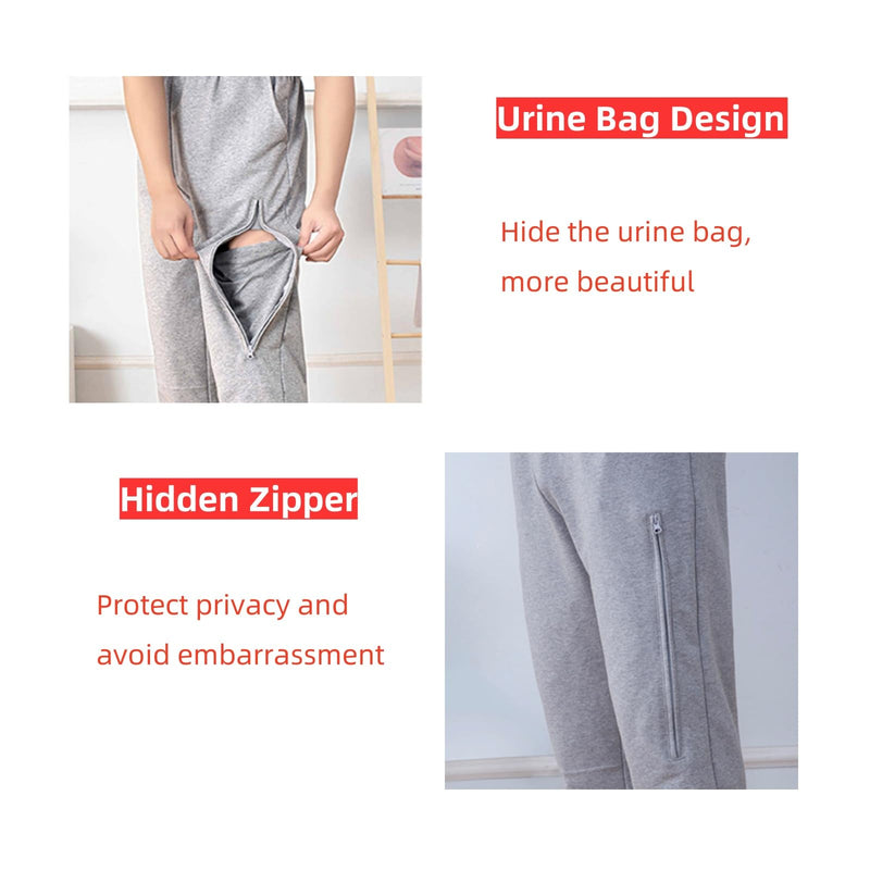 [Australia] - Catheter Leg Bag Pants for Men/Women,Pants for bedridden Patients,Catheter Clothing,Cotton Pants for Urine Bags After Surgery,Drainage Bags Can Be Hidden in Pants Grey Medium 