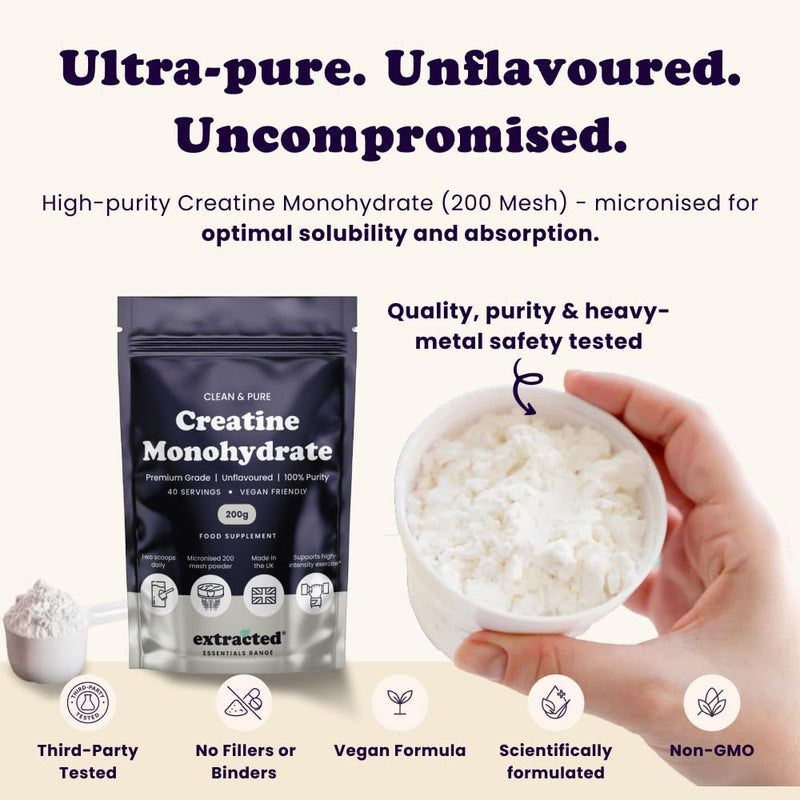 Pure Creatine Monohydrate Powder, Micronized 200 Mesh for Fast Dissolving, 100% Unflavoured High-Purity Creatine, Lab Tested, Vegan, Non-GMO, Gluten-Free, 5g Serving 1 Pack (200g)