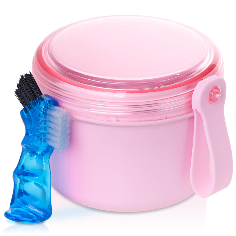 Denture Case, Leak Proof Denture Bath Cup for Travel, Denture Container Cups for Soaking Full & Partial Dentures, Retainers, Denture Cleaning Kit Holder Box with Denture Cleaner Brush-Pink Pink