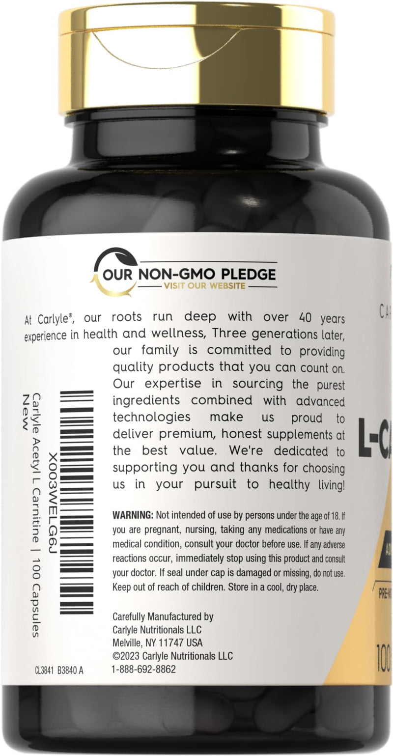 Carlyle Acetyl L-Carnitine HCL Capsules| 1000mg | 100 Count | Non-GMO and Gluten Free Supplement 100 Count (Pack of 1)