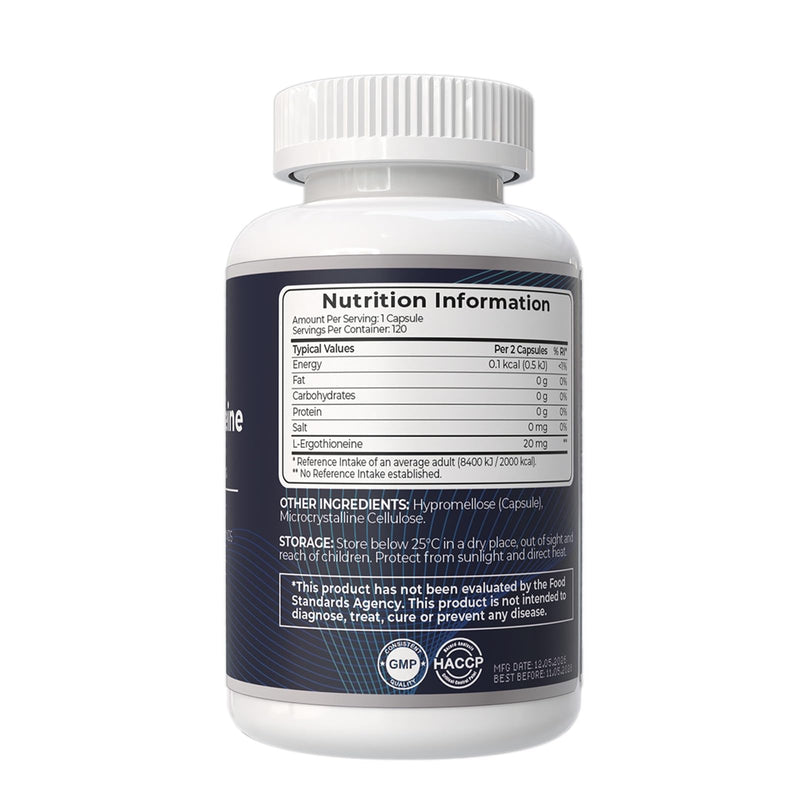 Longevity Supplement, L-Ergothioneine 20mg for Cellular Energy Support | 99% Purified Ergothioneine 120 Capsules, Alternative to Glutathione & CoQ10 for Antioxidant & Healthy Ageing, 4 Month Supply