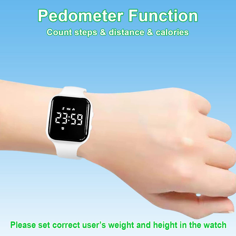 [Australia] - Kids Fitness Pedometer Watch without App/Bluetooth,LED Sports Watch with Timer Calories/Distance/Step Counter,2 Alarm Clocks,21 Days Battery Life Rechargeable Digital Watch for Boy Girl Kids White 