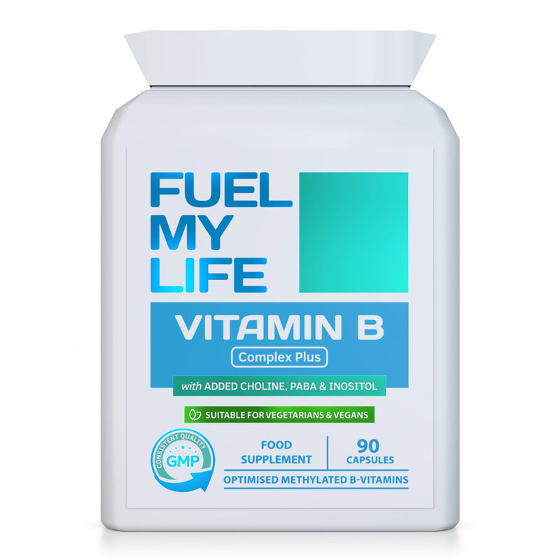 Vitamin B Complex Plus - 90 Capsules - Superior Methylated Formula with Added Choline, PABA & Inositol - Includes Essential Multi B-Vitamins B1, B2, B3, B5, B6, B12, Biotin & Folate
