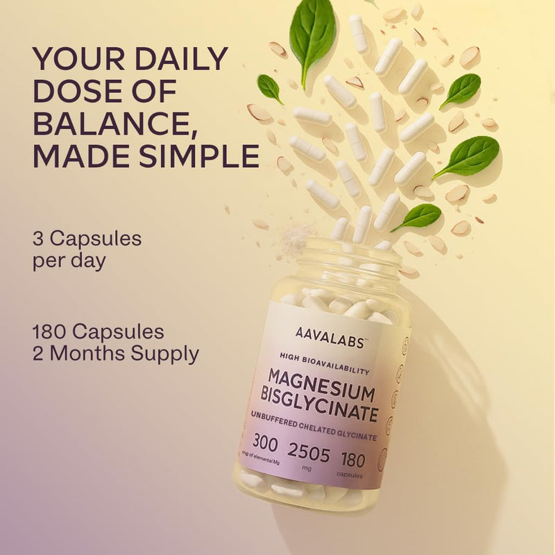 Chelated Magnesium Bisglycinate 2505mg per Daily Dose (Elemental 300 mg) - Unbuffered High Strength Magnesium Supplements for Women and Men –180 Capsules - Vegan