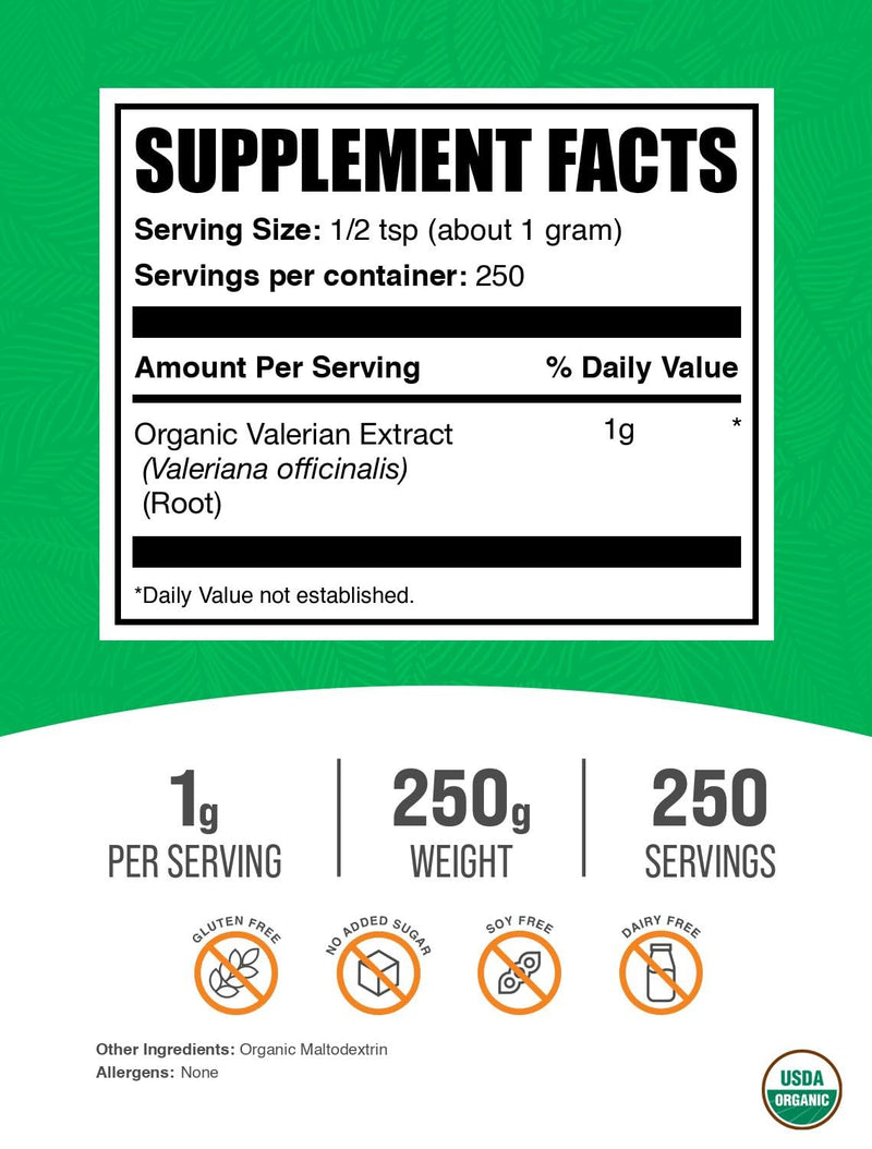 [Australia] - BulkSupplements.com Organic Valerian Extract Powder - Sourced from Valerian Root, Herbal Supplement - Gluten Free, 1g per Serving, 250g (8.8 oz) (Pack of 1) 8.75 Ounce (Pack of 1) 