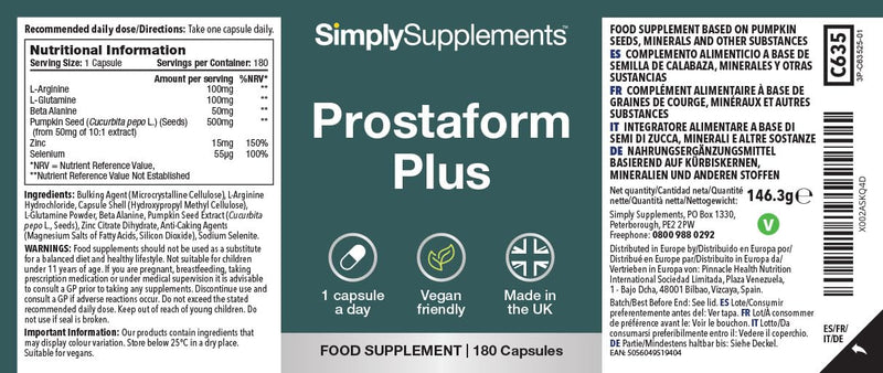 Prostaform Capsules with Pumpkin Seed, Zinc, L-Glutamine & L-Arginine HCL | Male Health, Prostate Function & Reproductive Health | 180 Capsules | Vegan Friendly | Made in The UK & GMP Certified Unflavoured 180 count (Pack of 1)