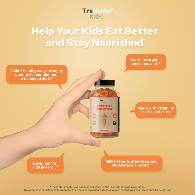 TruHeight Kids Appetite Booster Gummies (Orange, Ages 2+) All Natural Toddler & Kids Appetite Stimulant to Eat More - Weight Gain Supplements - Vitamins for Underweight Children - Picky Eater Vitamin 60 Count (Pack of 1)