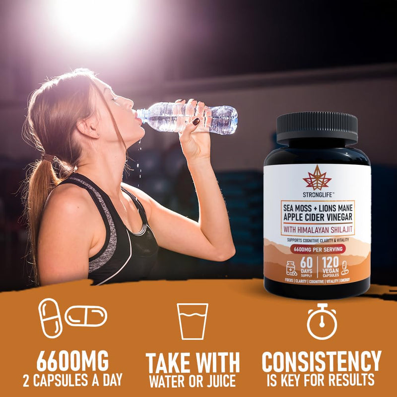 Lions Mane & Sea Moss & Apple Cider Vinegar Capsules - Brain, Gut & Immune Support - Brain Food for Brain Fog - 120 Capsules - 60 Day Supply
