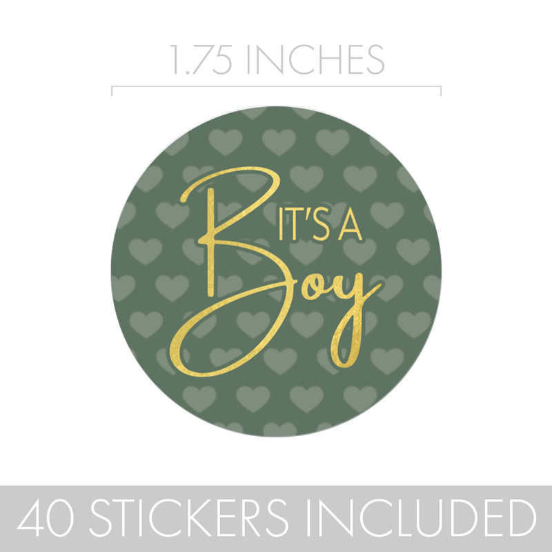[Australia] - Green It’s a Boy Baby Shower Stickers, Greenery Sweet Baby Boy, 1.75 in. Round Favor Bag Labels - 40 Count 