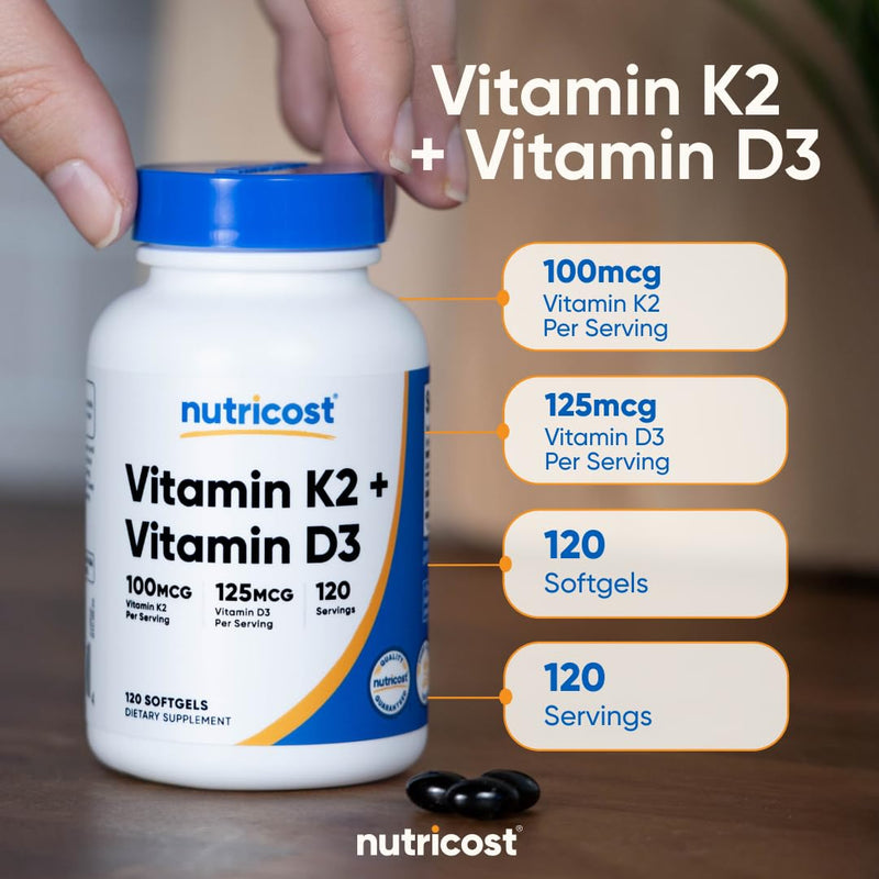 Nutricost Vitamin K2 (MK7) (100mcg) + Vitamin D3 (5000 IU) 120 Softgels - Gluten Free and Non-GMO (Pack of 2) 120 Count (Pack of 2)