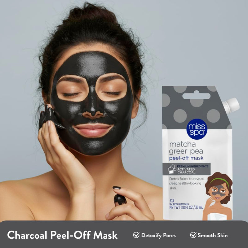 MISS SPA Facial Mask Trio Vitamin C Peel-Off, Charcoal Clear Pore Peel-Off & Matcha Green Tea Mud Mask Exfoliates, Detoxifies, Brightens and Clears Pores, 3 Full-Size Squeeze Tubes