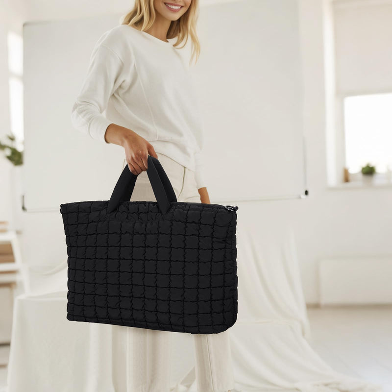 Quilted Duffle Bag for Travel, Large Puffer Duffel Weekender Bags Soft Gym Tote, Big Puffy Carry on Luggage Overnight Black