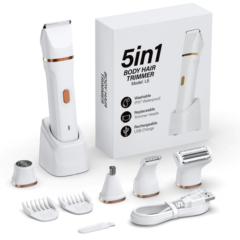 [Australia] - 5-in-1 Bikini Trimmer for Women, IPX7 Waterproof Electric Razors Shaver, Cordless Body Hair Trimmer, Facial & Pubic Hair Removal, Ceramic Blade (White) A-white 