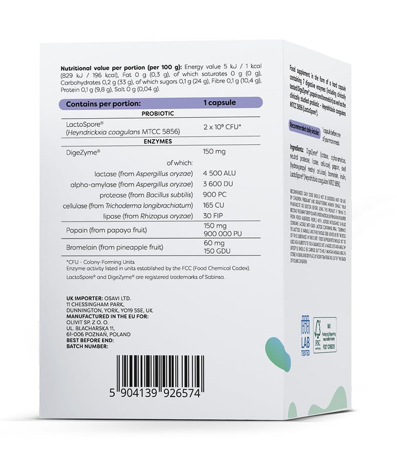 Osavi Digestive Enzymes + Probiotic – 60 Vegan Capsules | DigeZyme® + LactoSpore® | 7 Digestive Enzymes with Papain & Bromelain | Clinically Studied Ingredients | Clean Label