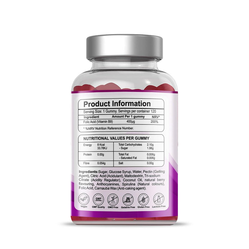 Pharmanostix Folic Acid 400μg Pregnancy Gummy - Vitamin B9 Prenatal Conception - 120 Natural Berry Flavour Vegan Gummies to Support Health Pregnancy & Foetus Development - GMO & Allergens Free