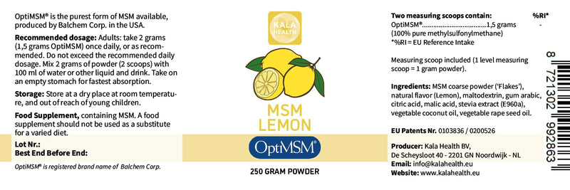 Kala Health OptiMSM® Powder Lemon Flavour – 100% Pure MSM Sulphur Powder – Natural Methylsulfonylmethane – with Lemon from Natural Flavourings – Additive-Free (250) 250