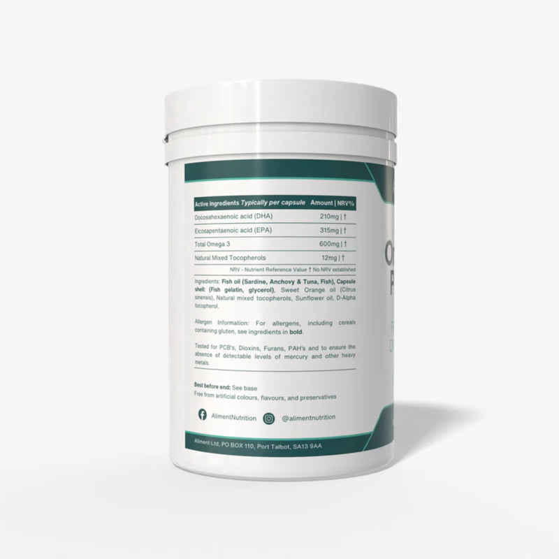 Aliment High Strength Omega-3 Fish Oil Capsules – 2400mg Fish Oil per Serving | 630mg EPA & 420mg DHA | Molecularly Distilled | Brain, Heart & Vision Support | 120 Softgels | Informed Sport Certified