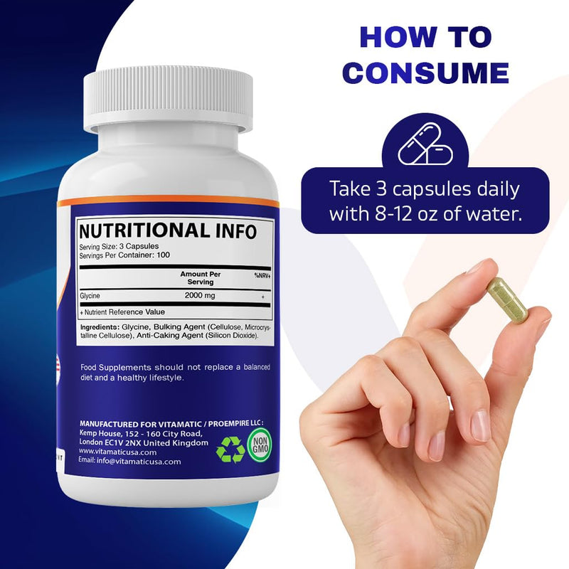 Vitamatic Glycine Supplement, 2000mg Per Serving, 300 Count, Non-GMO, Gluten Free