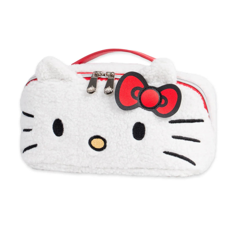 Impressions Vanity Hello Kitty Unfold Travel Makeup Bag Organizer, Opens Flat Zippered Cosmetic Bag with Cozy Sherpa Fabric Texture, Dual Compartments, Inner Pockets, Top Carrying Handle White (Hello Kitty)