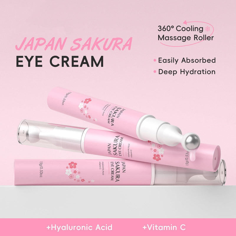 Sakura Eye Cream with 360° Cooling Massage Roller, Deep Hydration Serum with Caffeine+Vitamin C, Under Eye Cream Reduce Wrinkles, Fine Lines, and Bags, Dark Circles Under Eye Treatment, 0.53oz