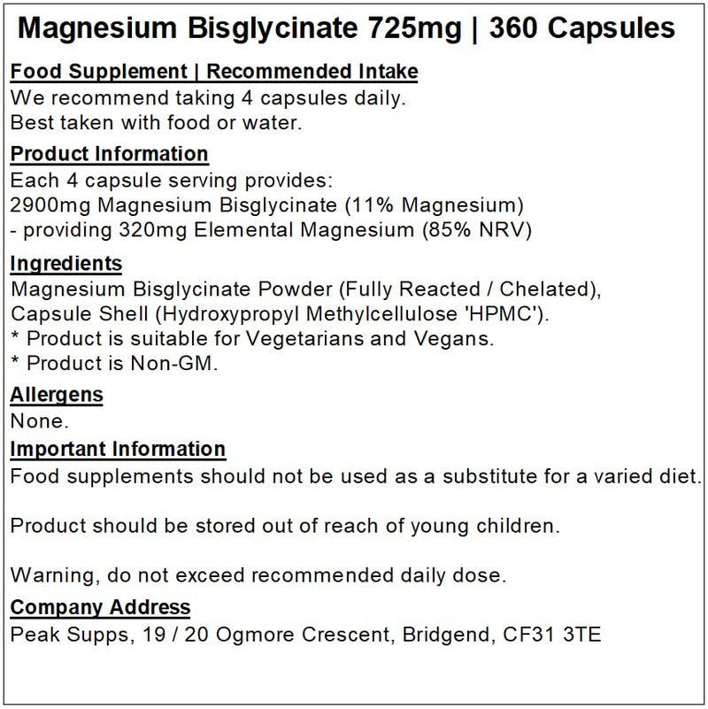 Magnesium Bisglycinate 725mg - 360 Capsules | Pure | Vegan 1 count (Pack of 360)