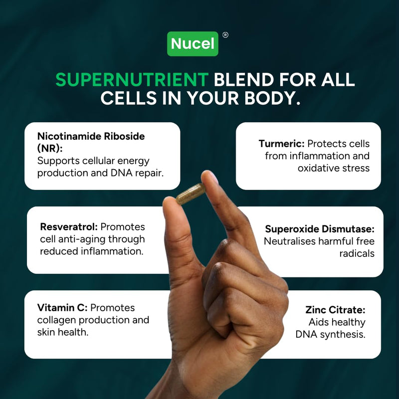 Nucel® Longevity Supplement, Boost NAD+ Levels, Cellular Energy, DNA Repair & Healthy Aging - 8 Science-Backed Ingredients Including Nicotinamide Riboside, Resveratrol, Vitamin C & CoQ10