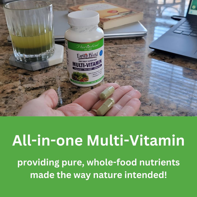 Paradise Herbs Earth's Blend Multivitamin with Iron, 120 Capsules | Once daily dietary supplement with 48 organic superfoods, probiotics, antioxidants, and vitamins A, B12, C, D, K2 120 Count (Pack of 1)