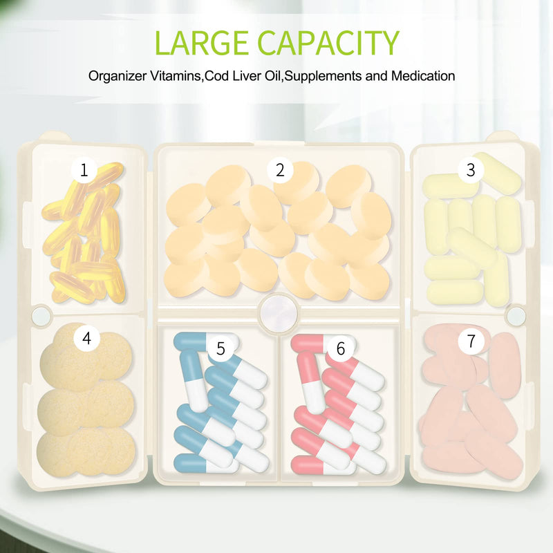 FYY Travel Pill Organizer,7 Compartments Large Pill Box Medicine Case-Beige | Easy to Use, Privacy Protection,Magnetic Foldable Large Pill Case for Purse or Pocket to Hold Vitamins,Supplements,Medication Large (1 Piece) Beige