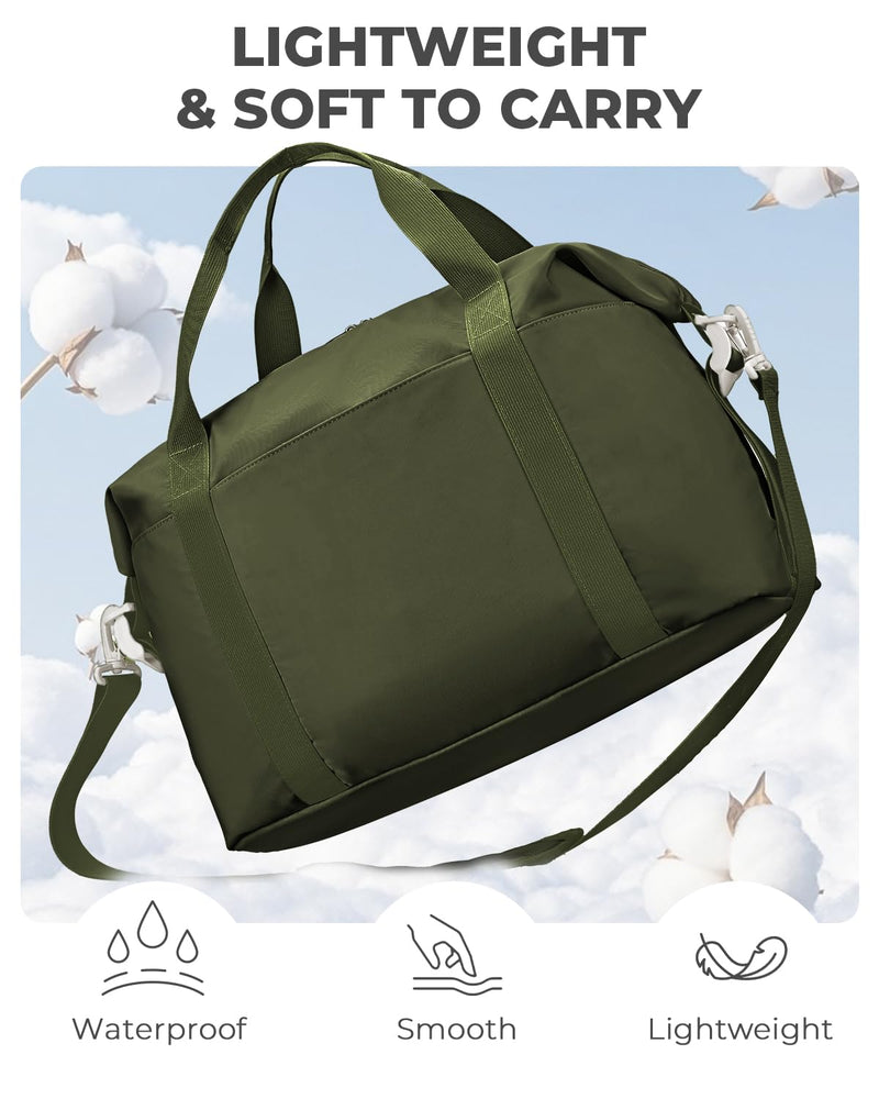 Percover Weekender Travel Duffel Bag for Women, Lightweight Soft-Structure 33L Carry-On, Water-Resistant Nylon with Shoulder Strap & Trolley Sleeve, Personal Item Friendly, Olive Green