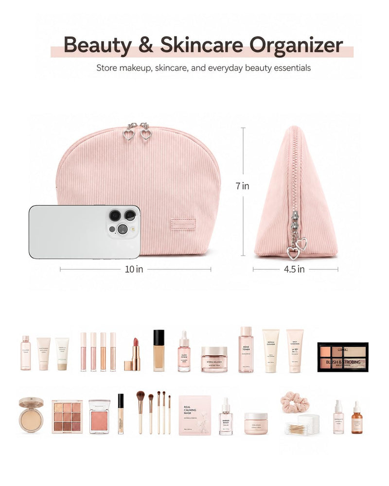 Makeup Bag Set for Women, 2 Pcs Corduroy Travel Cosmetic Organizer, Detachable Clear Pouch and Shell Shape Case, Waterproof Toiletry Storage for Beauty Essentials, Pink