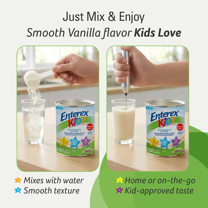 Enterex Kidz Nutritional Shake Mix for Kids – Vanilla | 8g Protein, Reduced Sugar, 28 Vitamins & Minerals | Gluten Free, with Fiber | 400g (7 Servings)