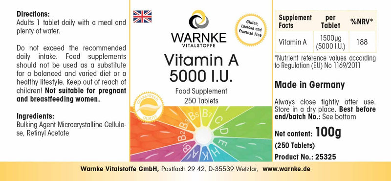 [Australia] - Vitamin A 5000 IU - 1500µg retinol (retinyl acetate) per tablet - 250 tablets - high dosage & vegan | Warnke vital substances - German pharmacy quality 