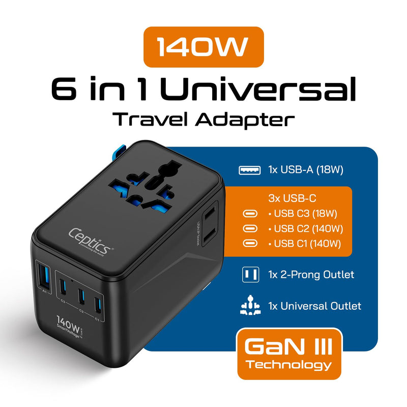 Ceptics 6 in 1 International Power Adapter with PD 140W USB-C, 1x USB-A, 3X Type C, Universal Input and 1x USA/JP Input with Type A, C, G, I Plug outlets for Global Travel – CE & RoHS Certified Black/Blue