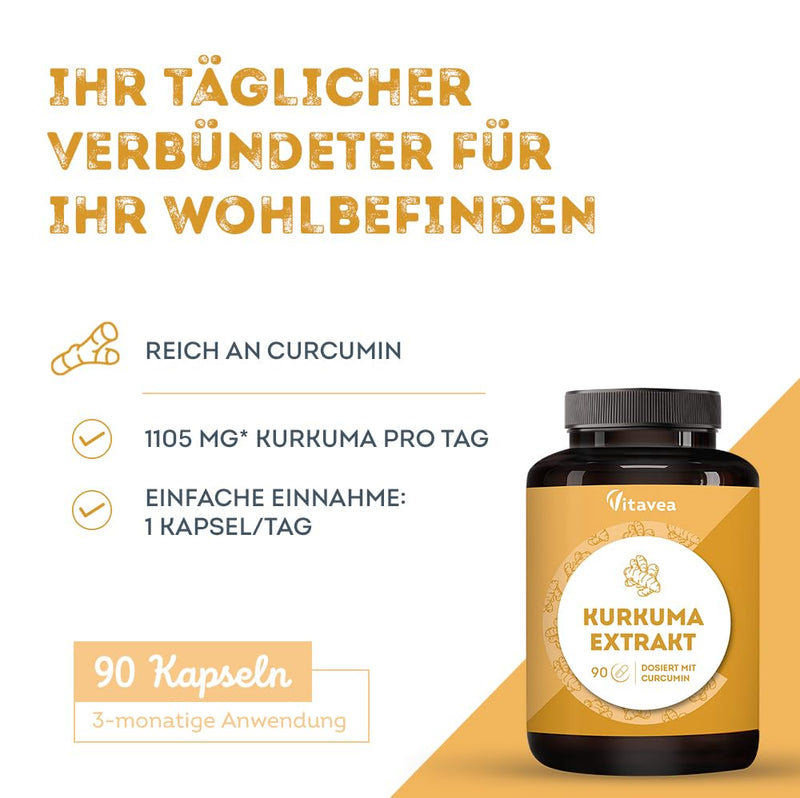 [Australia] - Turmeric Extract with Curcumin - 1105 mg Turmeric - High Dose Turmeric Capsules - 90 Capsules - 90 Days - Vitavea 