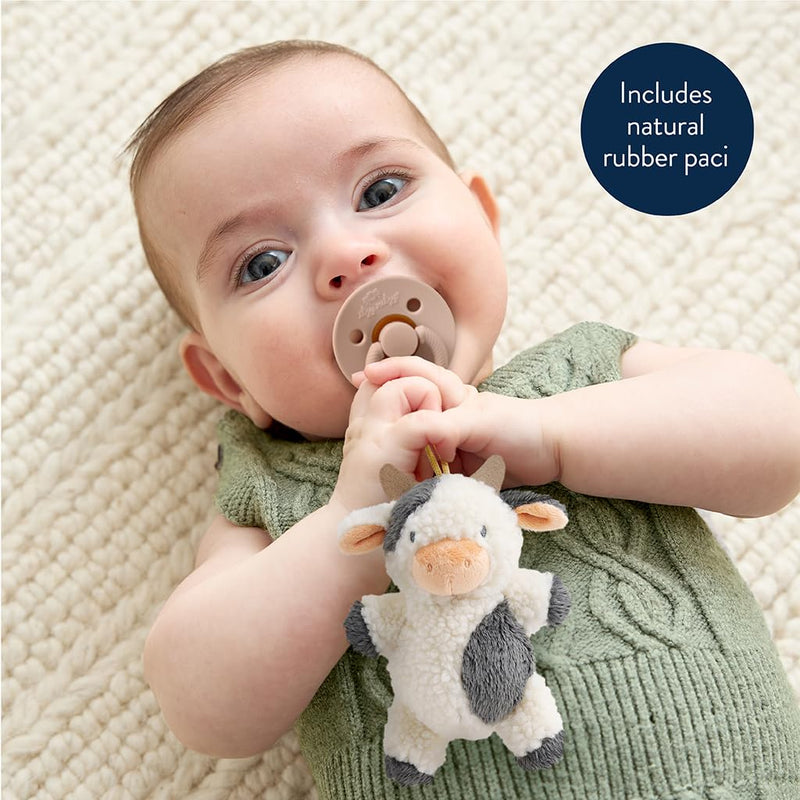 [Australia] - Itzy Ritzy Pacifier & Lovey Set - Natural Rubber Pacifier with Stuffed Animal Lovey - Detachable Plush Cow Binky Holder & Coordinating Natural Rubber Binky, Ideal for Ages 0-6 Months (Cow) 1 Count (Pack of 1) 