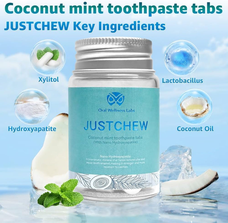 Toothpaste Tablets - Nano Hydroxyapatite,Fluoride & Plastic Free, Eco & Travel Friendly，Natural Whitening Toothpaste - Remineralize with NHA （2 Bottle / 2 Month-Coconut Mint） 100 Count (Pack of 1)