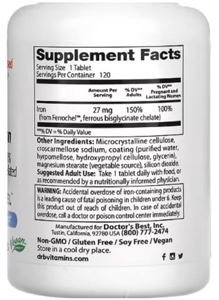 DoctorsBEST Doctor's Best - High Absorption Iron | High Bioavailability, 27 mg Iron - 120 Tablets