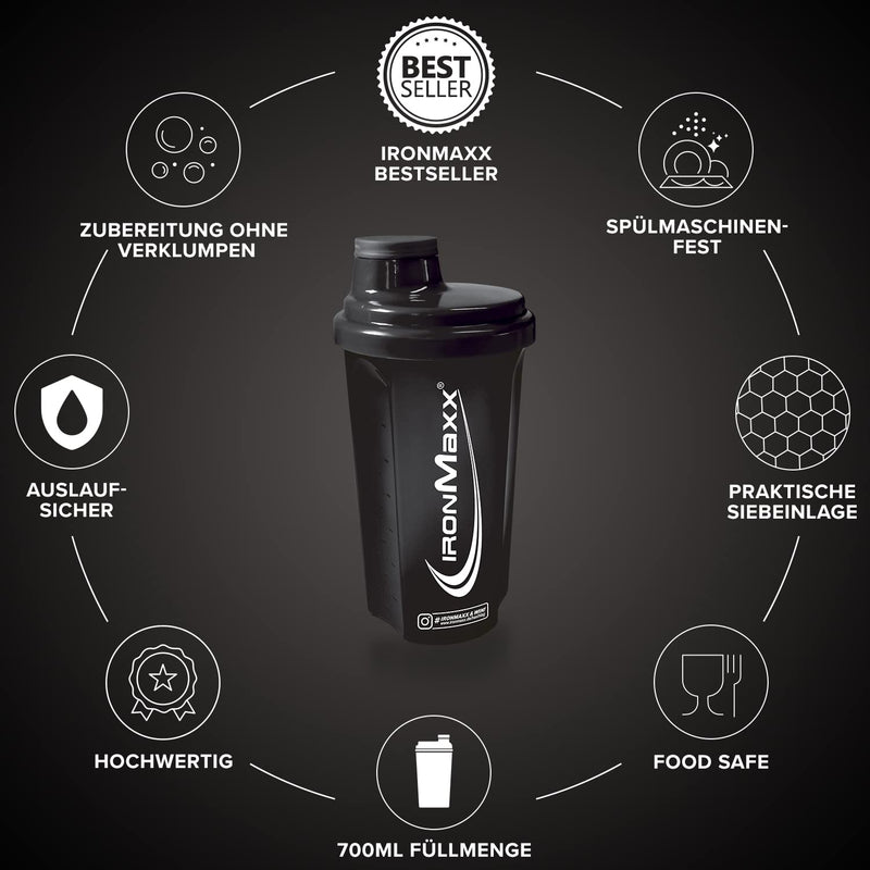 [Australia] - IronMaxx Protein Shaker - Black 700ml | Protein shaker with screw cap, sieve & measuring scale | Leak-proof, dishwasher-safe & free of plasticizers BPA & DEHP 