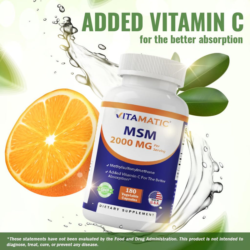[Australia] - Vitamatic MSM 2000 mg with Vitamin C 75mg per Serving - 180 Veg Capsules - Vitamin C Aid in Better absopriton of MSM (Methylsulfonylmethane) - Non-GMO & Gluten Free 180 Count (Pack of 1) 