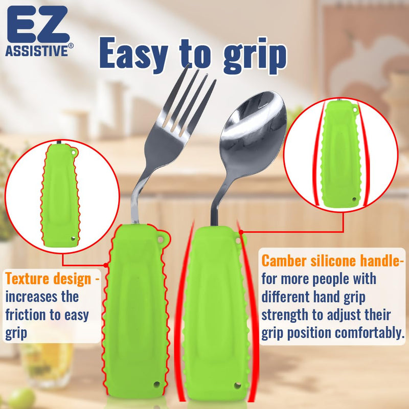 Adaptive Easy Grip Cutlery Set for Arthritic Hands - Spoon and Fork for Tremors, Parkinson, Disabled and Elderly Adults - Daily Living Assist 1 Set Green Left Hand