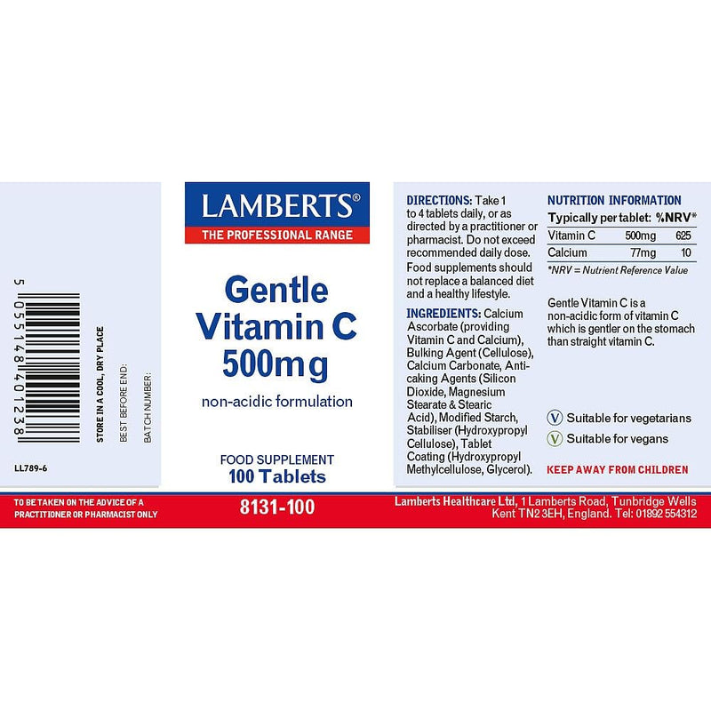 Lamberts Gentle Vitamin C 500mg – Gentle on Stomach – 100 Vegan Tablets