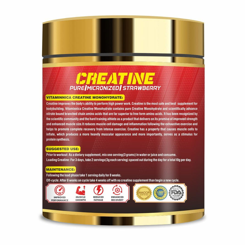Vitaminnica Micronized Creatine Powder, 100% Pure Creatine Monohydrate Powder for Performance and Muscle Power | 100 Servings, 300 g (300g, Strawberry) 300g