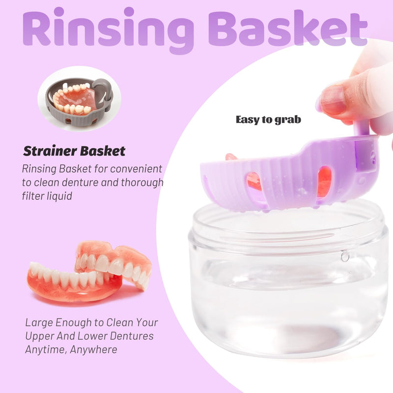 [Australia] - Denture Case with Strainer and Mirror, Leak Proof Denture Bath Cup for Travel, Purple Denture Container Cups for Soaking Full & Partial Dentures, Retainers with Denture Brush, Aligner Removal Tool 
